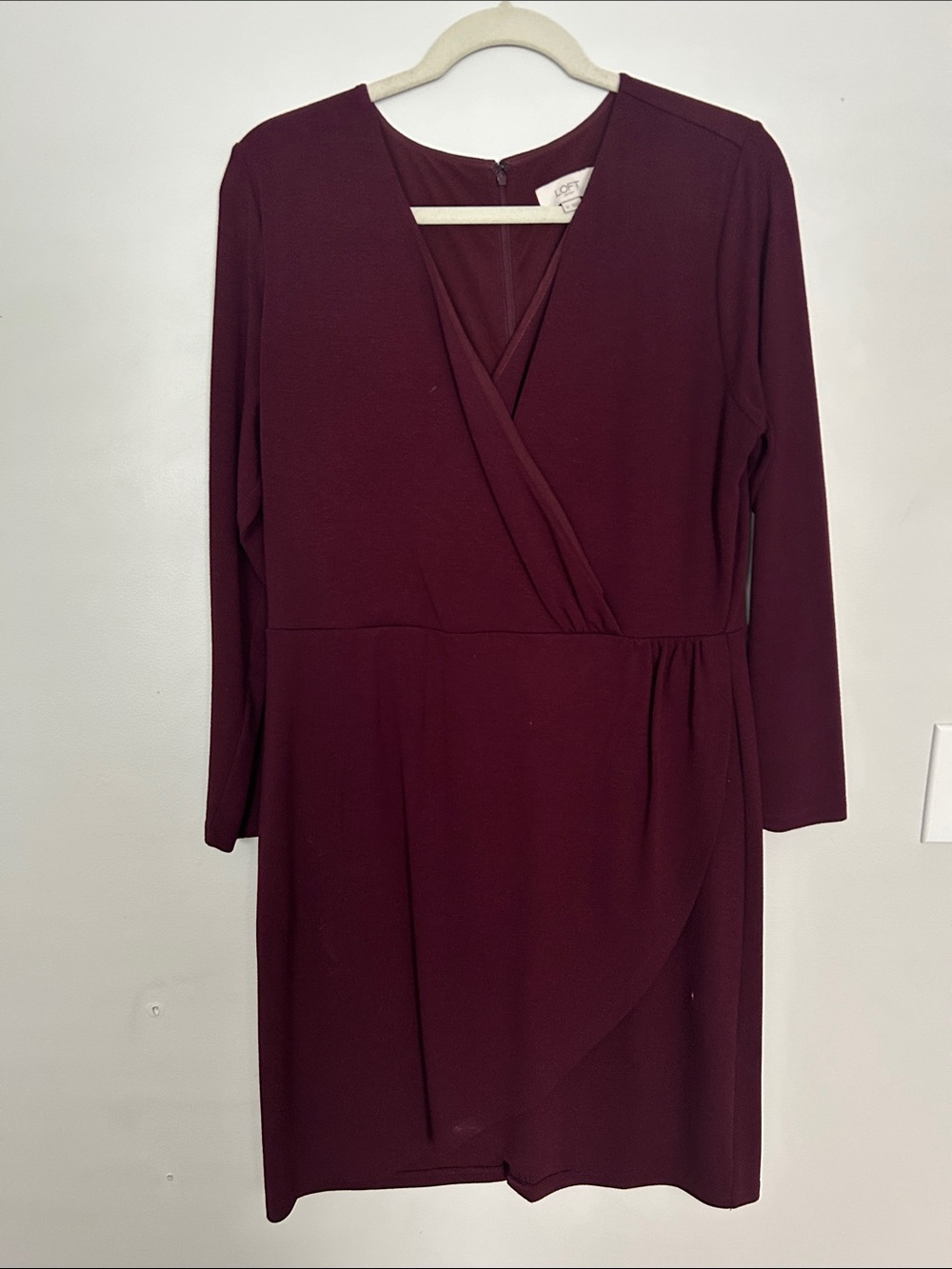 LOFT Deep Burgundy Faux-Wrap Long Sleeve Dress